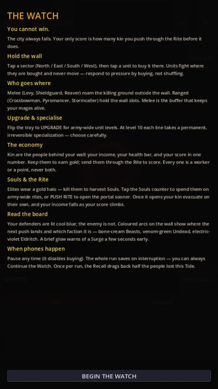 The field briefing — the onboarding screen that explains the premise, the controls, the economy and how to read the board before the first Tide