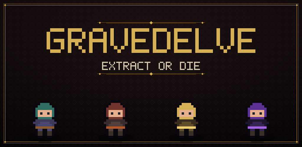 GRAVEDELVE — the gilded wordmark above the tagline 'Extract or Die', with a row of armoured delvers in different prestige skins