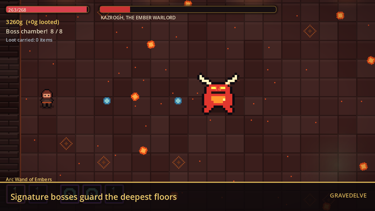 A signature boss fight — Kazrogh, the Ember Warlord, a red horned demon amid fireballs, its health bar draining at the top of the screen