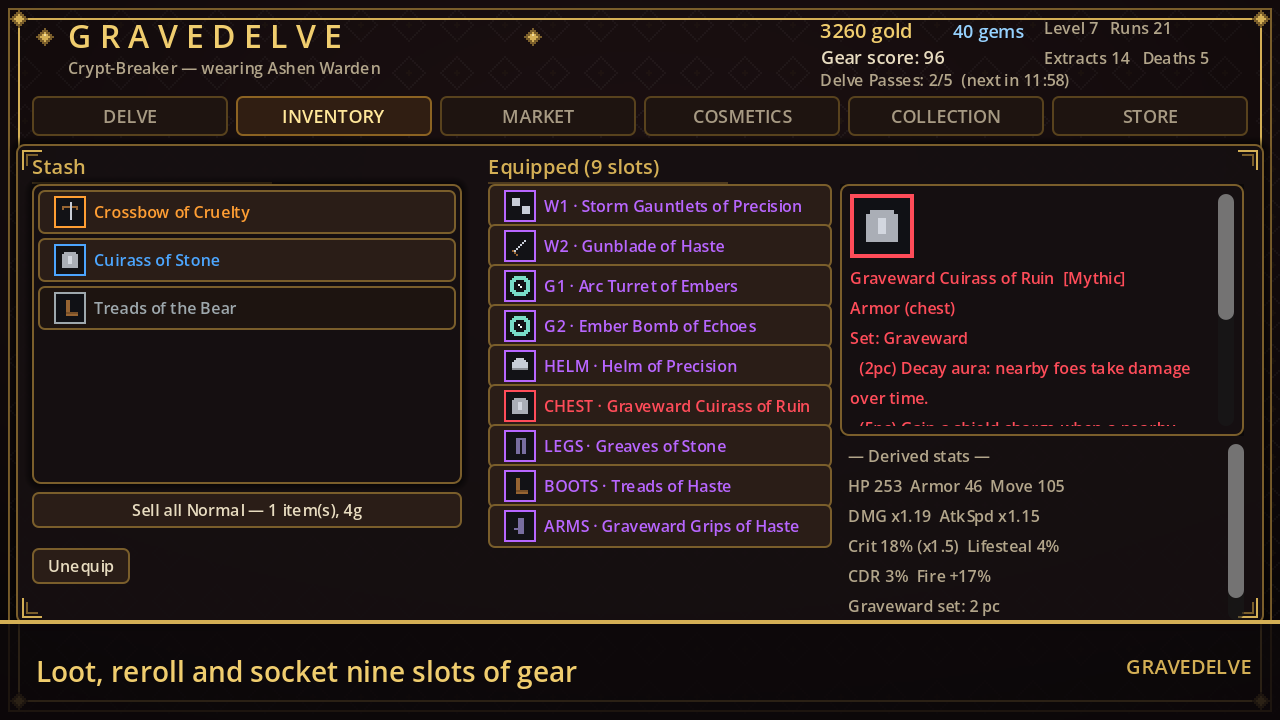 The inventory screen — a full loadout of named epic and legendary gear across nine slots, with derived stats and an armour set bonus