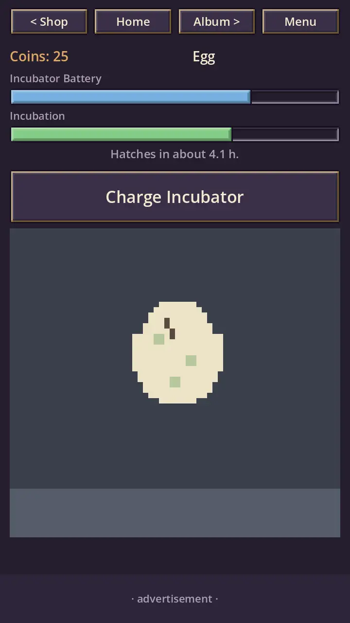 The egg screen — a speckled cream egg in the incubator, an Incubation bar part-filled reading 'Hatches in about 4.1 h.', above a Charge Incubator button