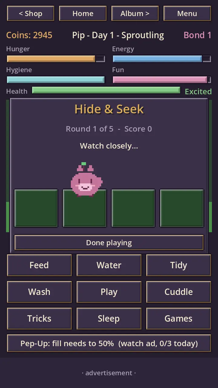 The Hide and Seek minigame — 'Round 1 of 5, watch closely' with the pixel companion hovering over four cups to track