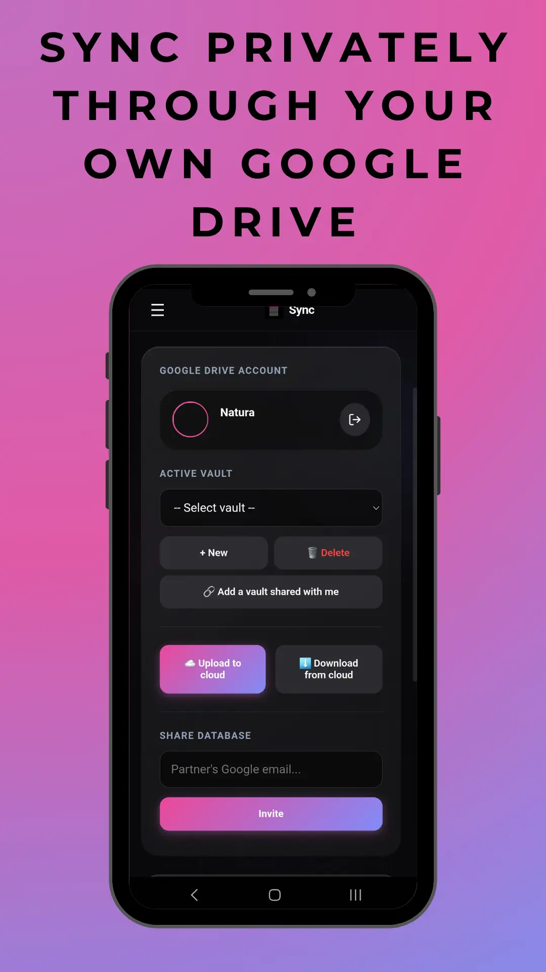 Cloud sync screen for backing up and sharing vaults via Google Drive