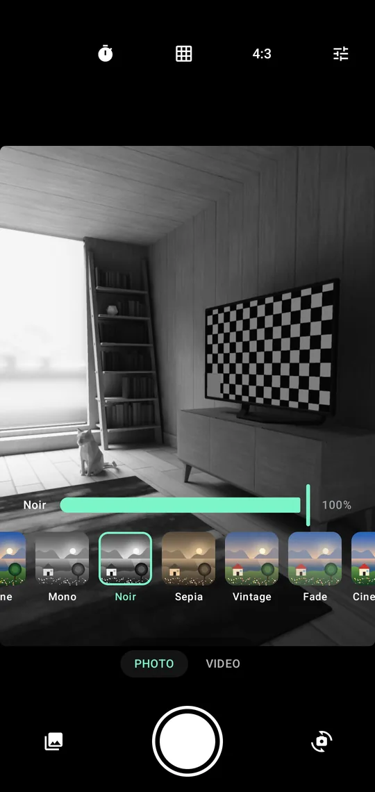 The same room in black and white with the Noir filter selected, and a strength slider showing one hundred per cent above the carousel.