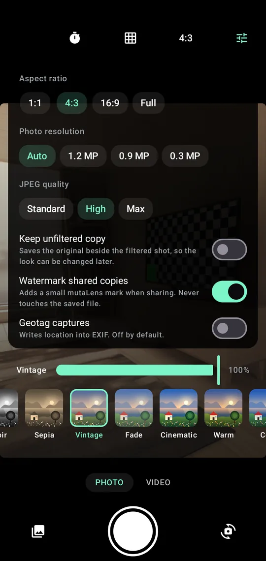 The settings tray open over the viewfinder, showing aspect ratio, photo resolution, JPEG quality, filter previews, and switches for keeping an unfiltered copy, watermarking shared copies and geotagging.