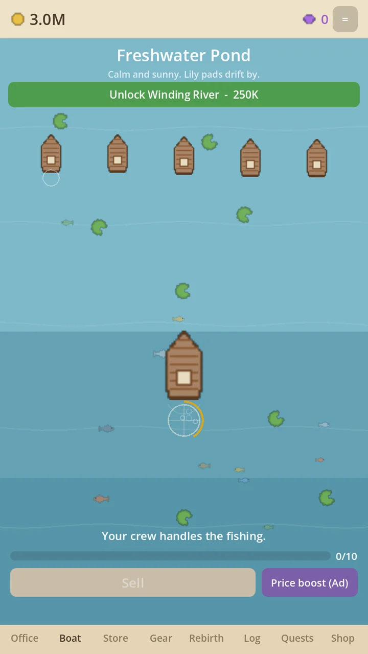 The Freshwater Pond — a wooden boat on blue water with a net ring below it, lily pads and small fish drifting past, and a green Unlock Winding River button above