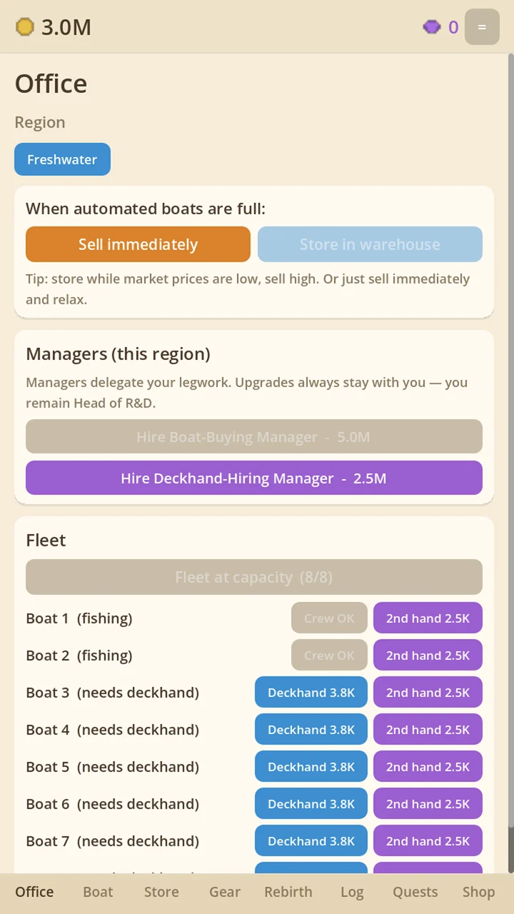 The Office — a sell-or-store toggle, manager hiring for the region, and a fleet list showing eight boats with buttons to hire deckhands for each