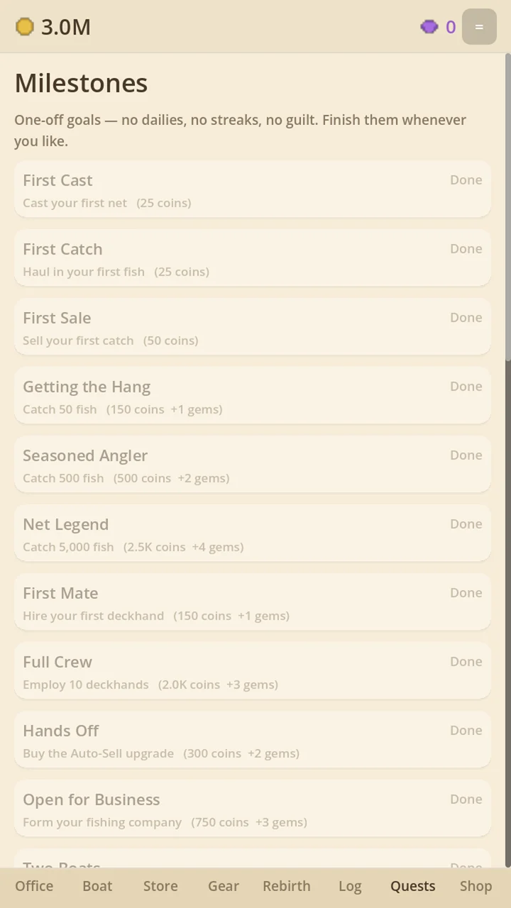 The Milestones screen — one-off goals such as First Cast, Getting the Hang and Open for Business, each showing progress and a coin and gem reward